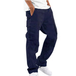 Navy blue cargo pants with drawstring ankle, straight leg, multiple front pockets