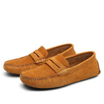 Men's round-toe leather moccasin shoes with tan suede upper and strap