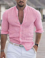 Men's cotton button-front long-sleeve shirt, pink, V-neck