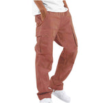 Brick red cargo pants with drawstring ankle, straight leg, multi front pockets