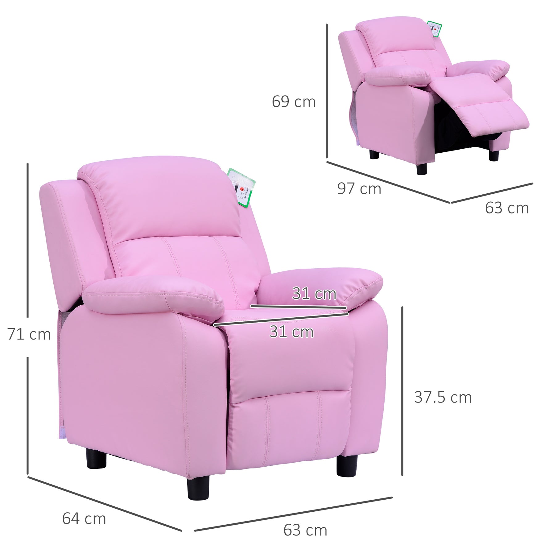 Kids Sofa Armchair Toddler Recliner Children's Chair Lounger Games Chair PU Leather W/ Storage (Pink)