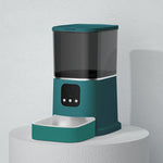 Teal automatic pet food dispenser with transparent hopper and raised base