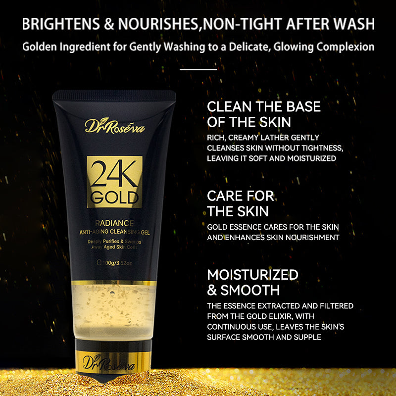 24K Gold anti-aging cleansing gel tube, black with gold label and clear gel base