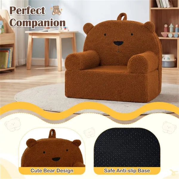 Sofá infantil con forma de oso – Sillón de espuma de forro polar para niños pequeños, Marrón