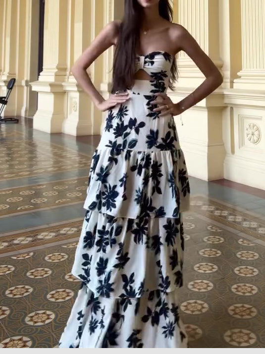 Strapless Ruffle Maxi Dress – Vibrant Print, Summer Vacation