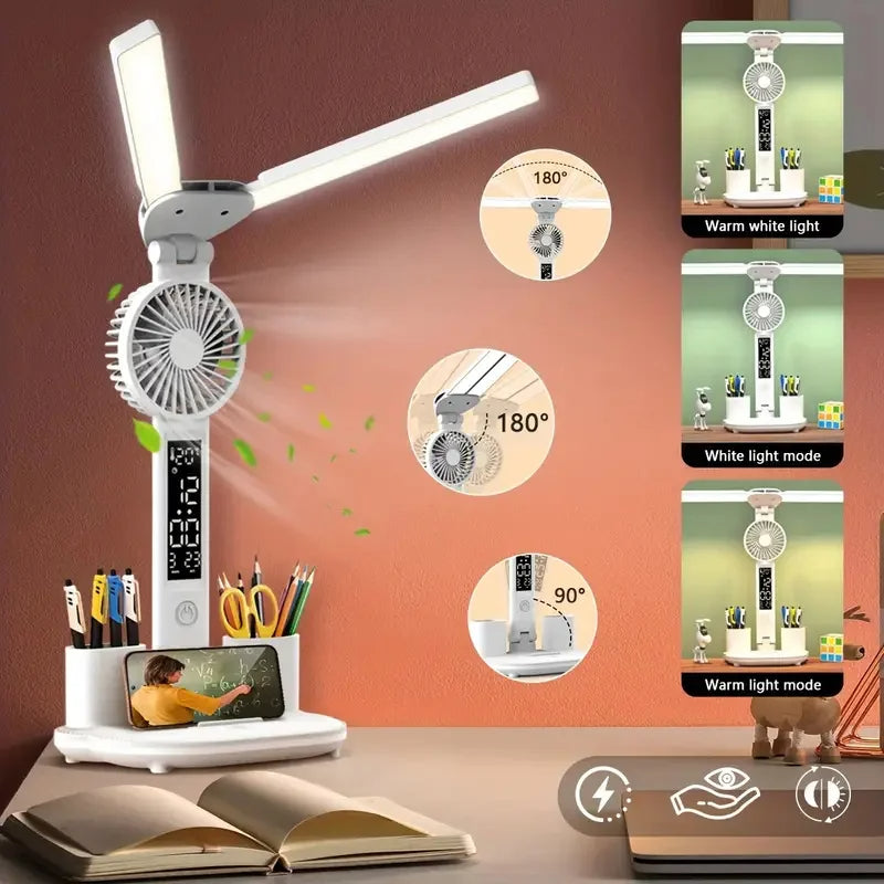Lampe de table LED pliable, protection oculaire, lampe de bureau multifonction avec thermomètre, calendrier, ventilateur et porte-stylo, lampe de lecture/ventilateur pour l'étude