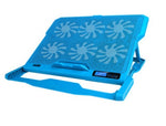Laptop cooling stand in blue with built-in blue LED fan pattern, metal mesh