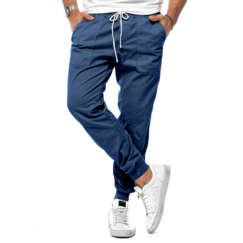 Men's drawstring ankle-cuff sports trousers, denim blue, loose tapered fit
