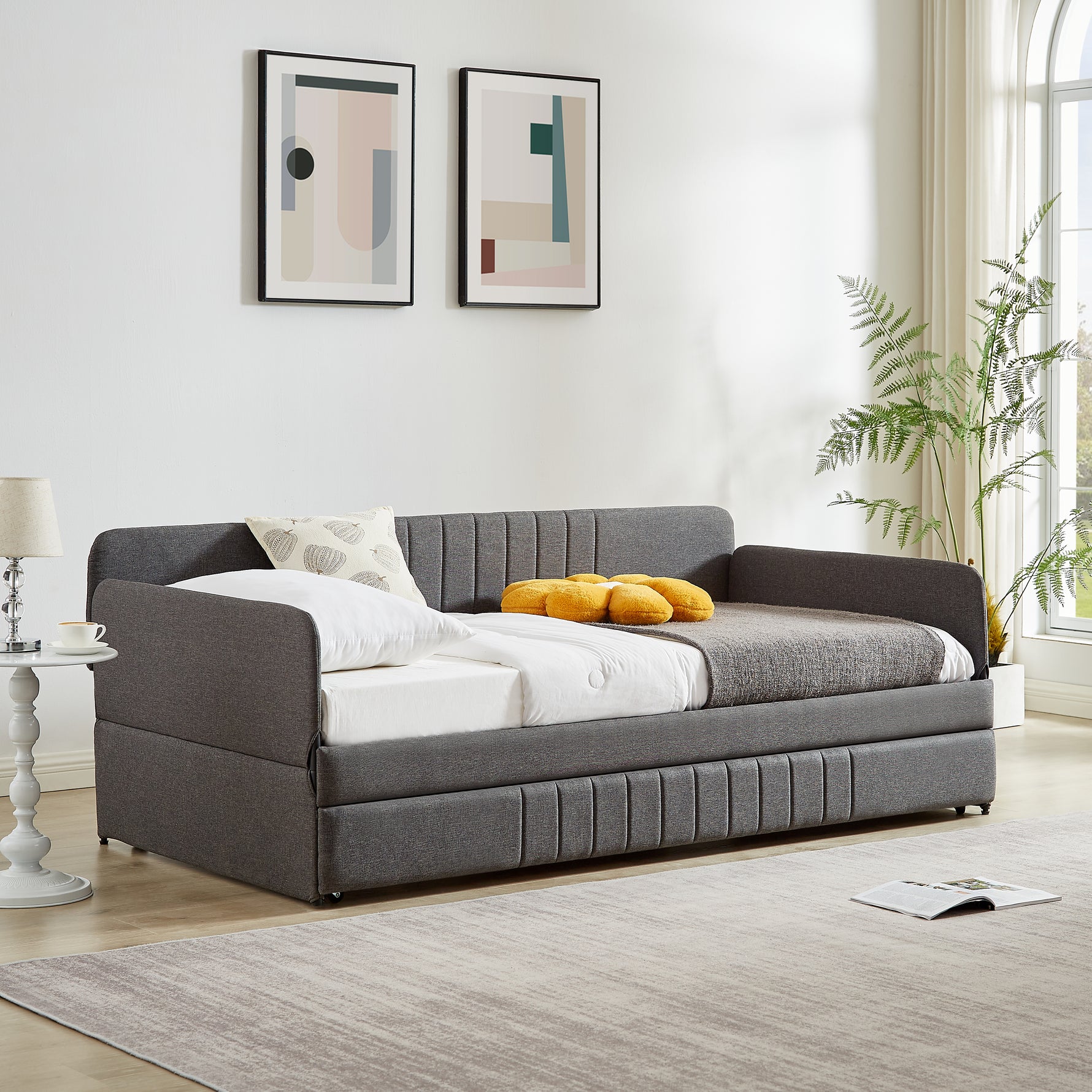 Daybed, Sofa Bed Metal Framed With Trundle Twin Size, Grey, 78.4 L X 41 W X 29.8 H.