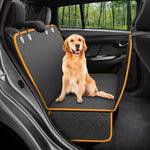 Black dog car seat hammock cover with orange trim, quilted padding, and securing straps