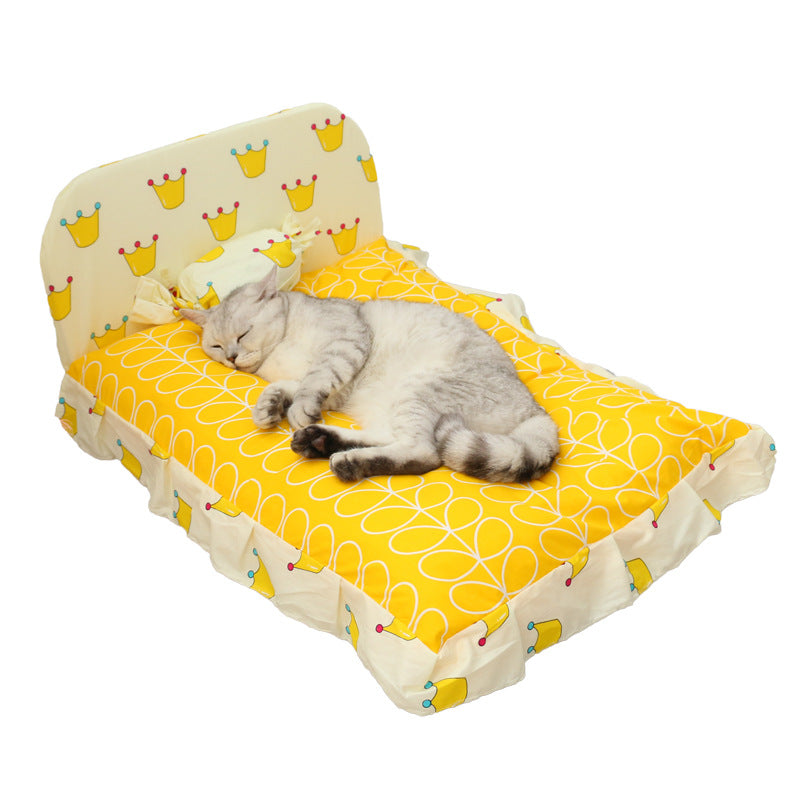 Small teddy dog pet bed, yellow crown print top cushion, plush raised frame