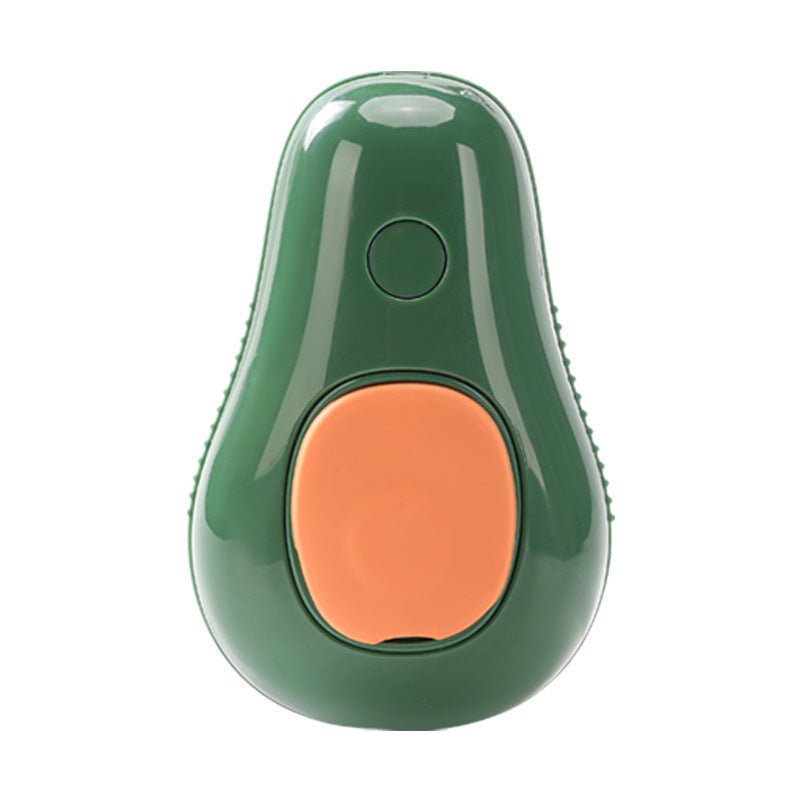 Avocado-green electric pet grooming brush with orange control button and bristle pins