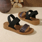 Women’s Roman elastic-waistband slippers with black elastic straps and leopard-print side panel