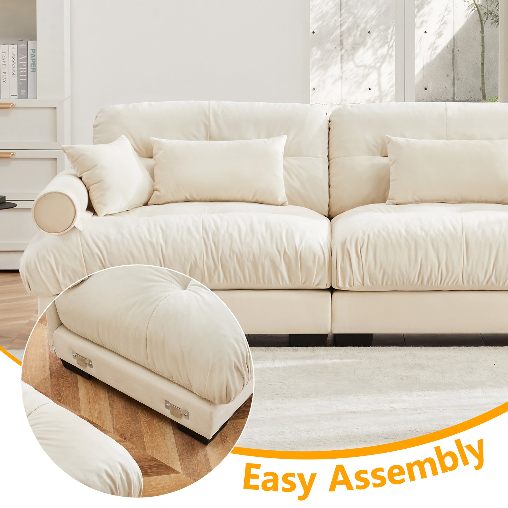 Over Size Modern Two-seater Sofa With Ottoman, Velvet 2-Seater With Round Bolster Armrests,With Waist Pillow And Throw Pillows,Small L Shape Sofa For Living Room, Reading Room , Loft And Bedroom,Cream