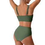 Green high-waist bikini set, back view with wide straps and high-rise bottoms