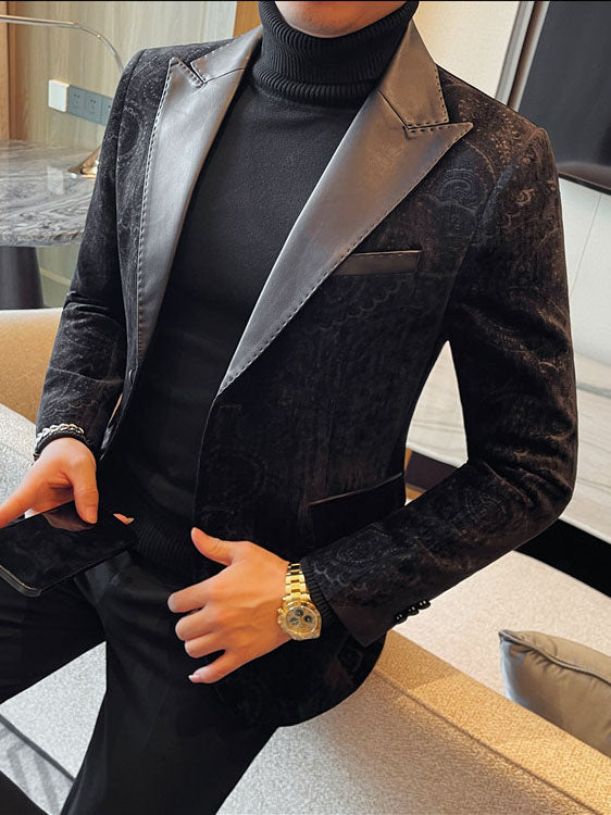Luxurious Velvet Jacquard Leather Lapel Blazer for Men - Elevate Your Style