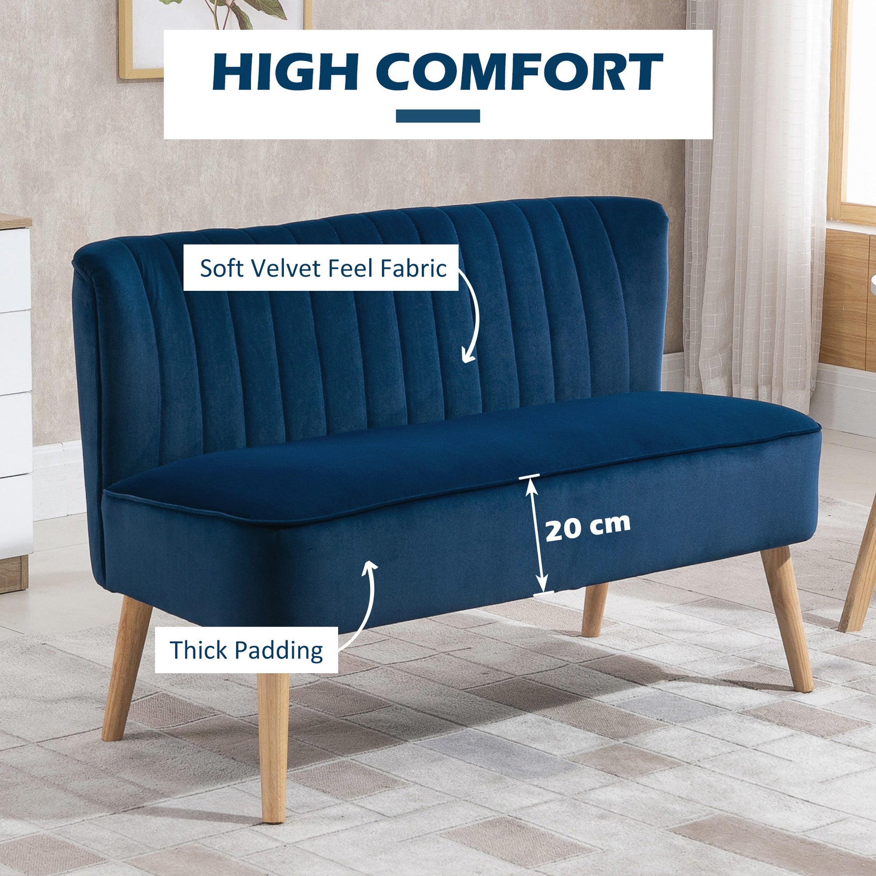 Modern Double Seat Sofa Foam Padding High Back Soft Comfortable Compact Couch Home Office Dark Blue