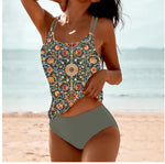 Split high-waist bikini set with teal and floral ornate print tank and olive bottoms