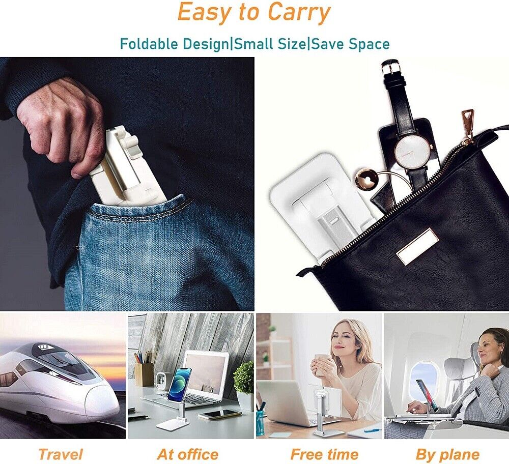 Foldable desktop phone stand in travel pouch, compact foldable design