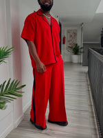 Red Hot Chic Set: Short-Sleeve Shirt & Wide-Leg Pants with Stylish Black Trim