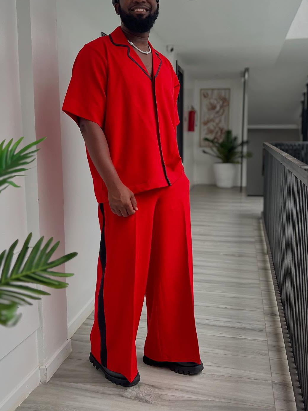 Red Hot Chic Set: Short-Sleeve Shirt & Wide-Leg Pants with Stylish Black Trim