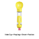 Yellow dog water bottle with water cup, poop bag dispenser, shovel, and food box