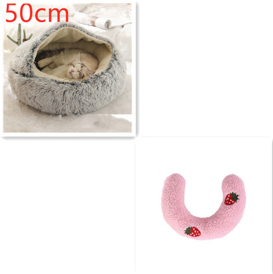 50cm gray round plush pet bed nest with pink strawberry U-shaped bolster cushion
