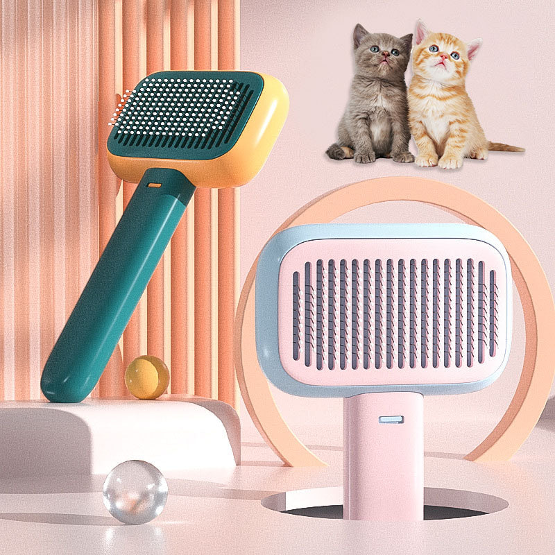 Pet grooming brush with stainless pins and massage teeth, teal and orange