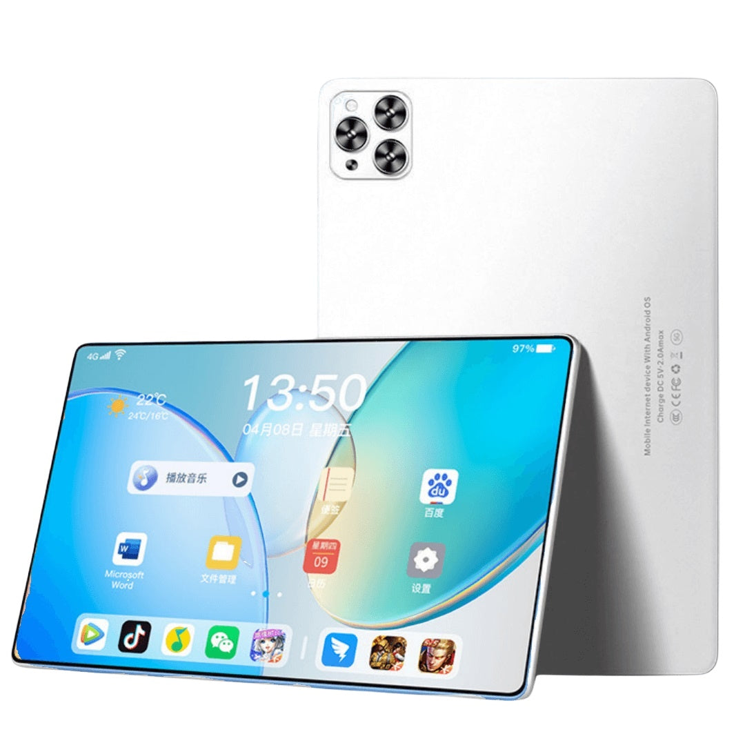 Silver 10.1-inch tablet with triple rear cameras and touchscreen home screen
