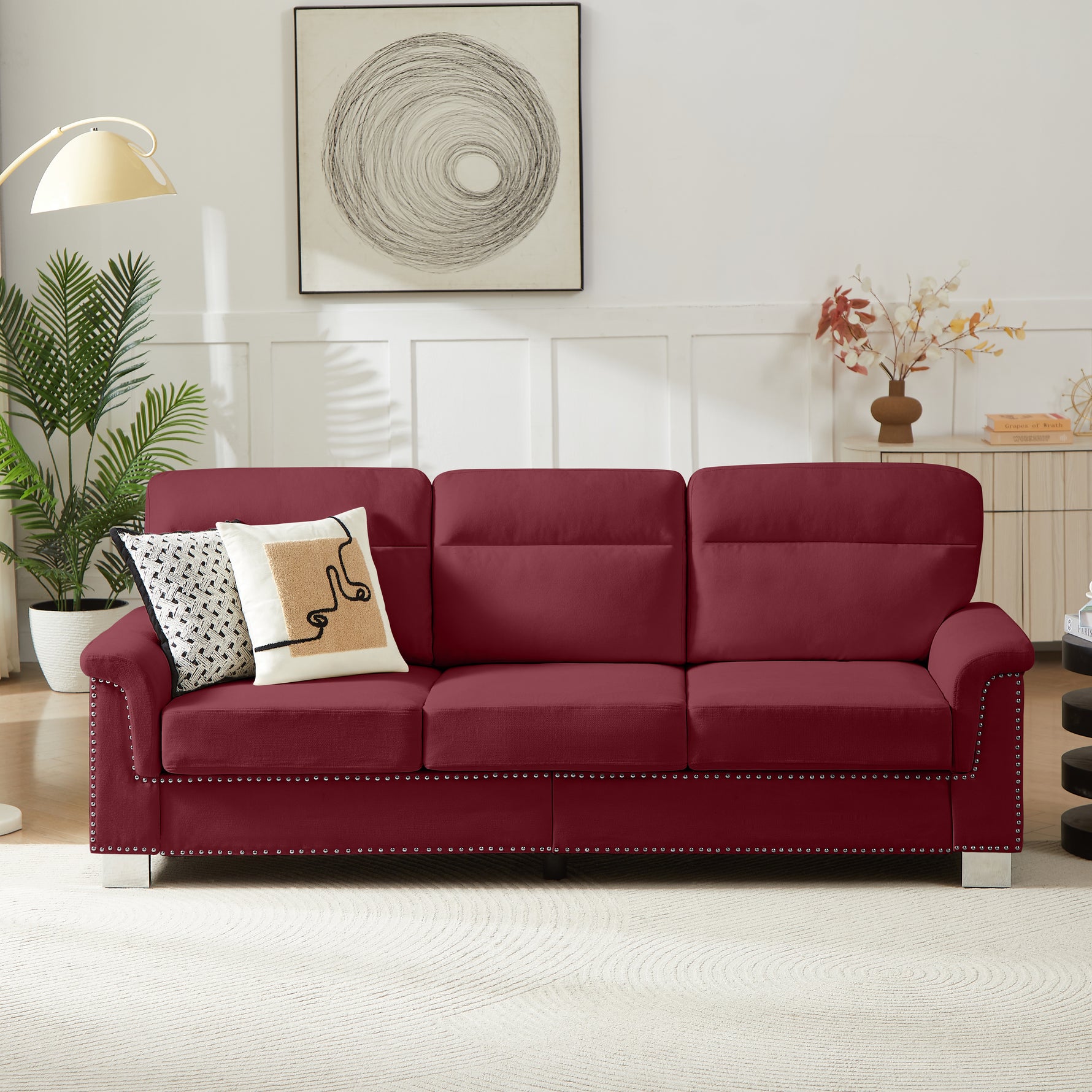 82" Modern 3-Seater Chesterfield Sofa – Burgundy Snowfleece