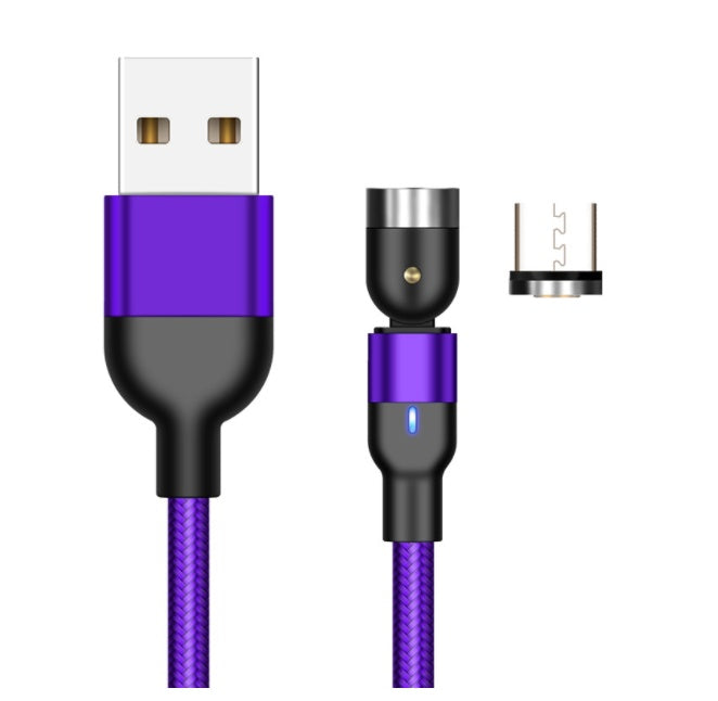 Magnetic charging cable with purple braided cord and USB connector tips