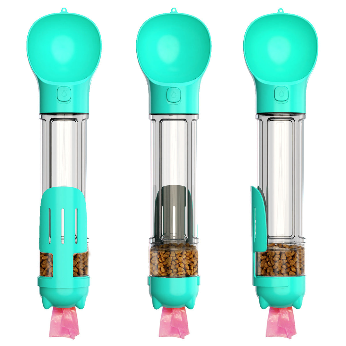 Teal 3-in-1 portable dog water bottle with stainless chamber and poop-bag dispenser