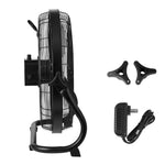 Black cordless fan with charging cable, remote control, and adjustable mounting brackets.