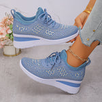 Women's rhinestone wedge sneakers, sky blue knit lace-up with rhinestone geometric panels
