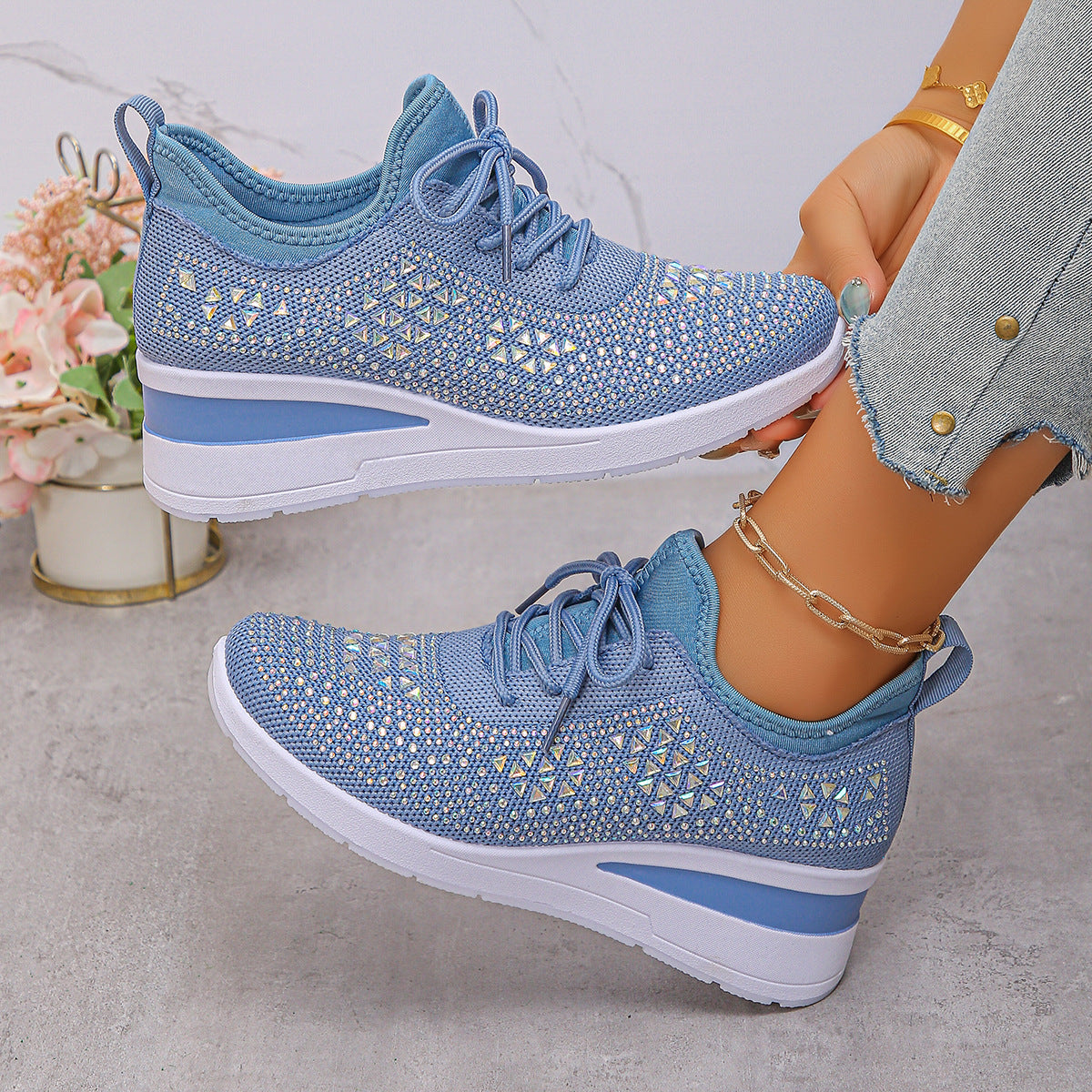 Women's rhinestone wedge sneakers, sky blue knit lace-up with rhinestone geometric panels