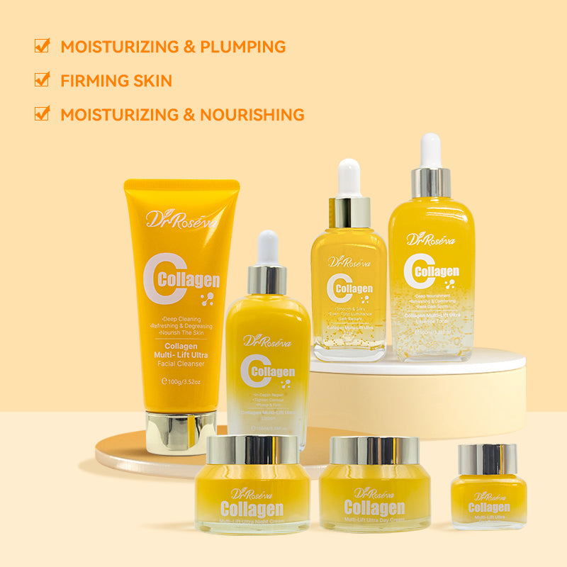 Collagen skincare set with yellow serum bottles, dropper, and cream tube