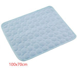 Pet cooling pad with round bubble quilt texture, light blue fabric, curved corners