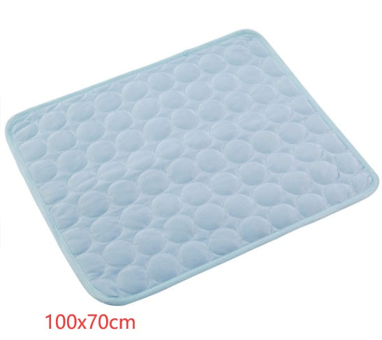 Pet cooling pad with round bubble quilt texture, light blue fabric, curved corners