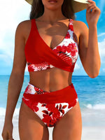 Red solid wrap bikini top with white floral high-waist bottoms