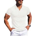Men’s V-neck polo shirt, short sleeves, vertical stripe texture, white