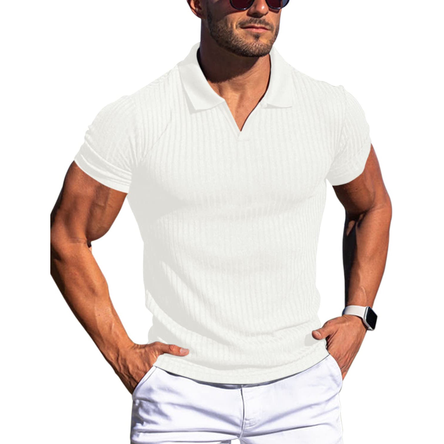 Men’s V-neck polo shirt, short sleeves, vertical stripe texture, white