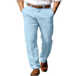 Men's linen straight trousers, light blue with button fly and belt loops