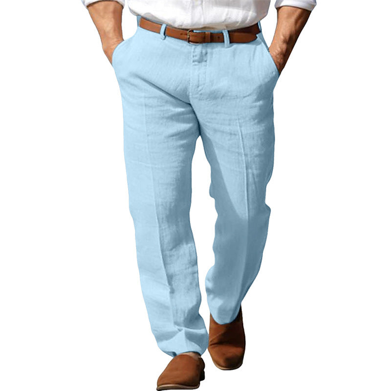 Men's linen straight trousers, light blue with button fly and belt loops