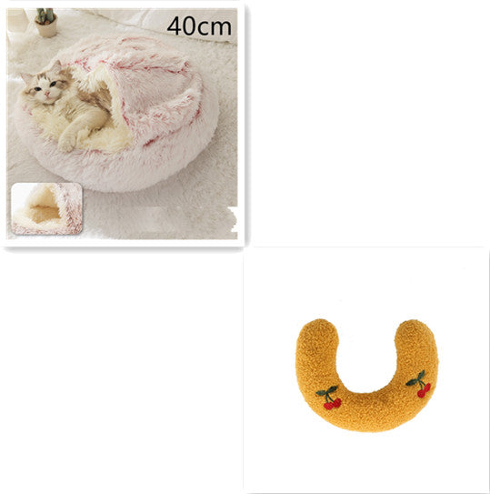 Round plush pet bed with pale inner cave and pink-trim flap, 40cm