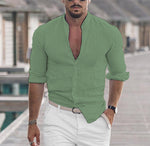 Men's casual cotton button-up shirt, green, V-neck placket, 3/4 sleeves
