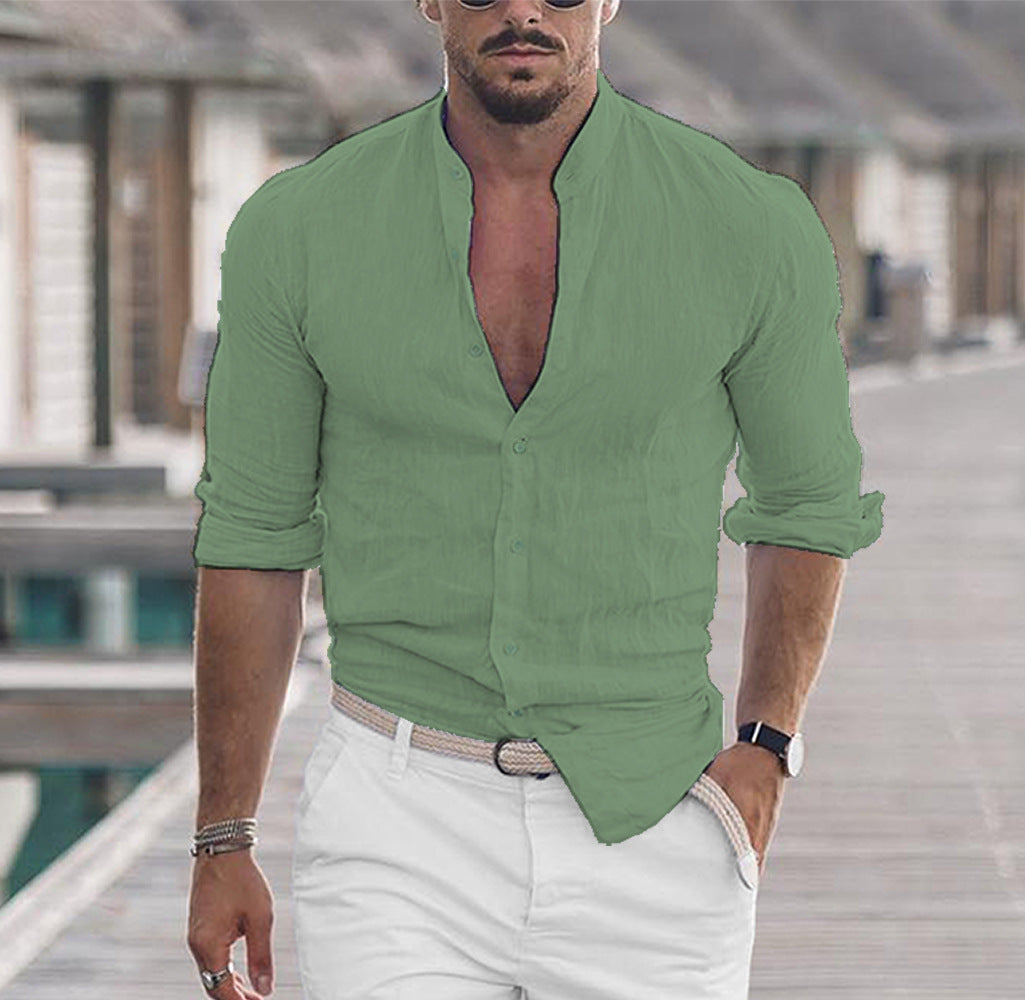 Men's casual cotton button-up shirt, green, V-neck placket, 3/4 sleeves