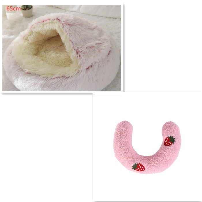 Round plush pet bed with cave-style opening, pink and cream fuzzy interior