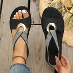 Fish-mouth wedge sandals with elastic ankle strap and jute-textured sole, black; top view.