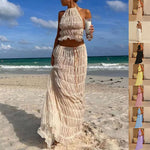 White halter crop top and tiered pleated maxi skirt set with ruffled edges