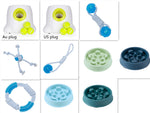 Plastic treat-ball feeder set with blue and green bowls and striped rope balls